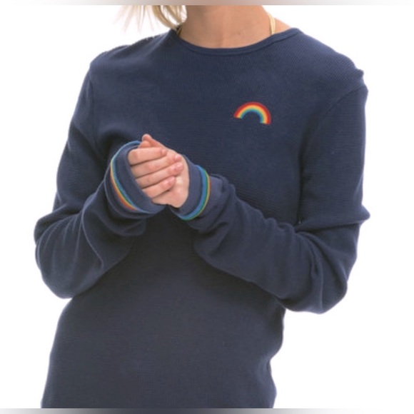 Aviator Nation Waffle Thermal Long Sleeve with Rainbow Embroidery in Navy, Small - Picture 1 of 9